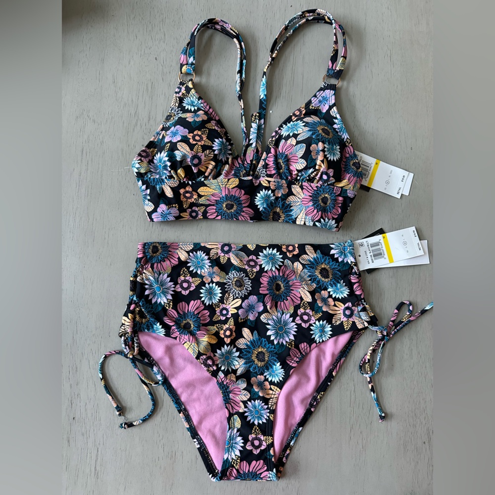 Salt + Cove Floral High Waist Bikini Black w/multi color floral NWT sz M Juniors